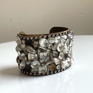 Vintage 80s Statement Clear Rhinestone & Gold Oversized Cuff Bracelet